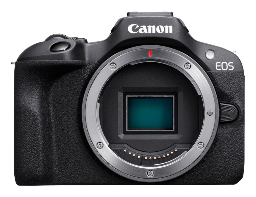 Schwarzes Canon EOS Kameragehäuse von vorne ohne Objektiv, mit sichtbarem Sensor auf weißem Hintergrund.