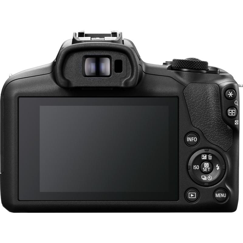 Rückseite einer schwarzen DSLR-Kamera mit Bildschirm, Sucher und Bedienelementen vor weißem Hintergrund.