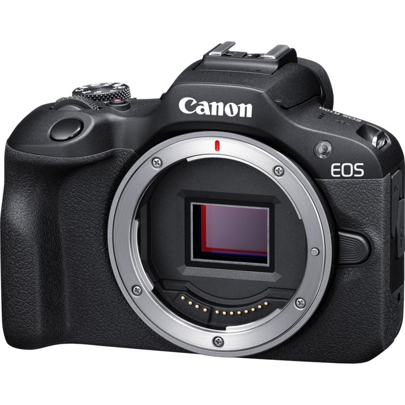 Schwarze Canon EOS-Kamera ohne Objektiv auf weißem Hintergrund.