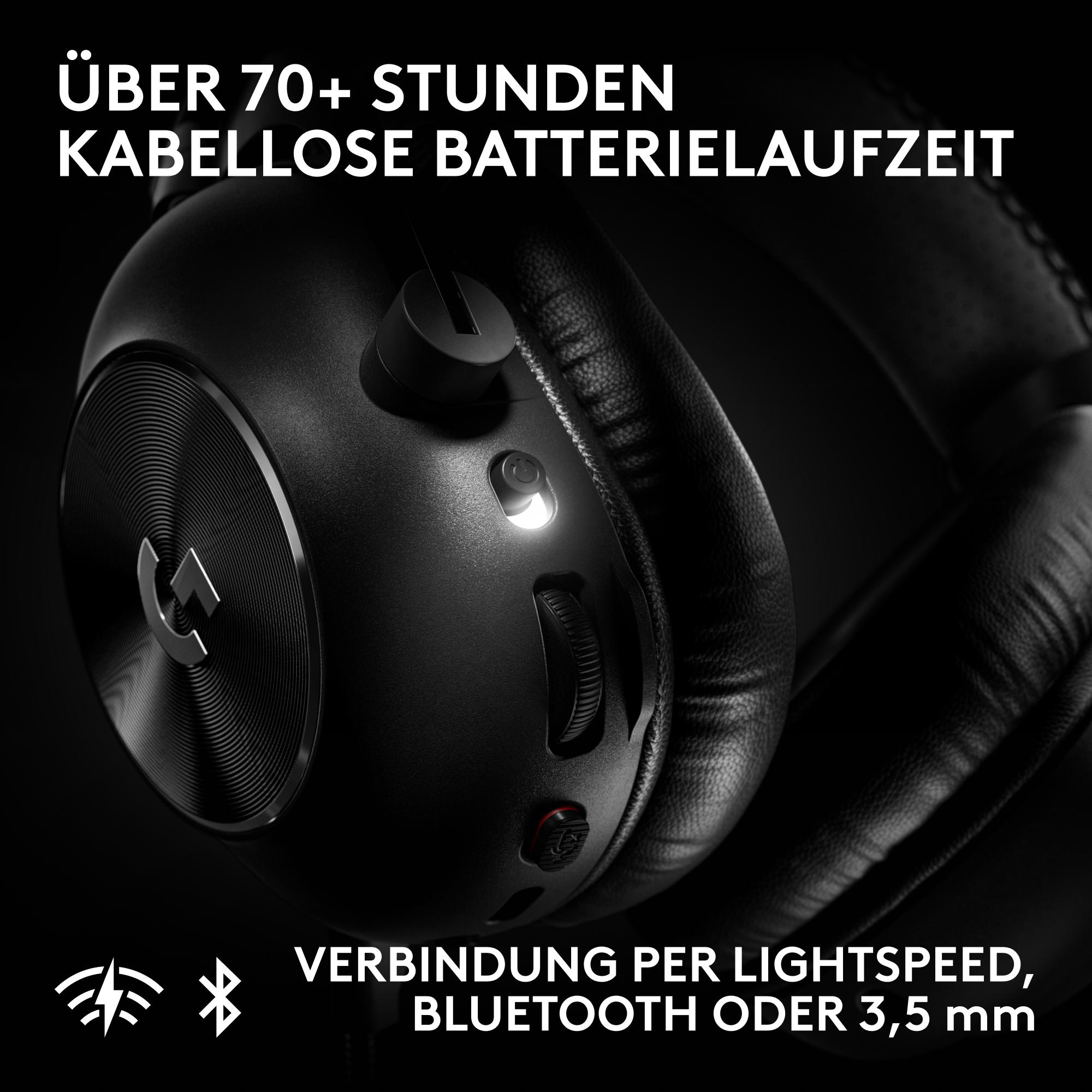 Schwarze Kopfhörer mit Reglern und deutscher Text über Batterielaufzeit und Verbindung.