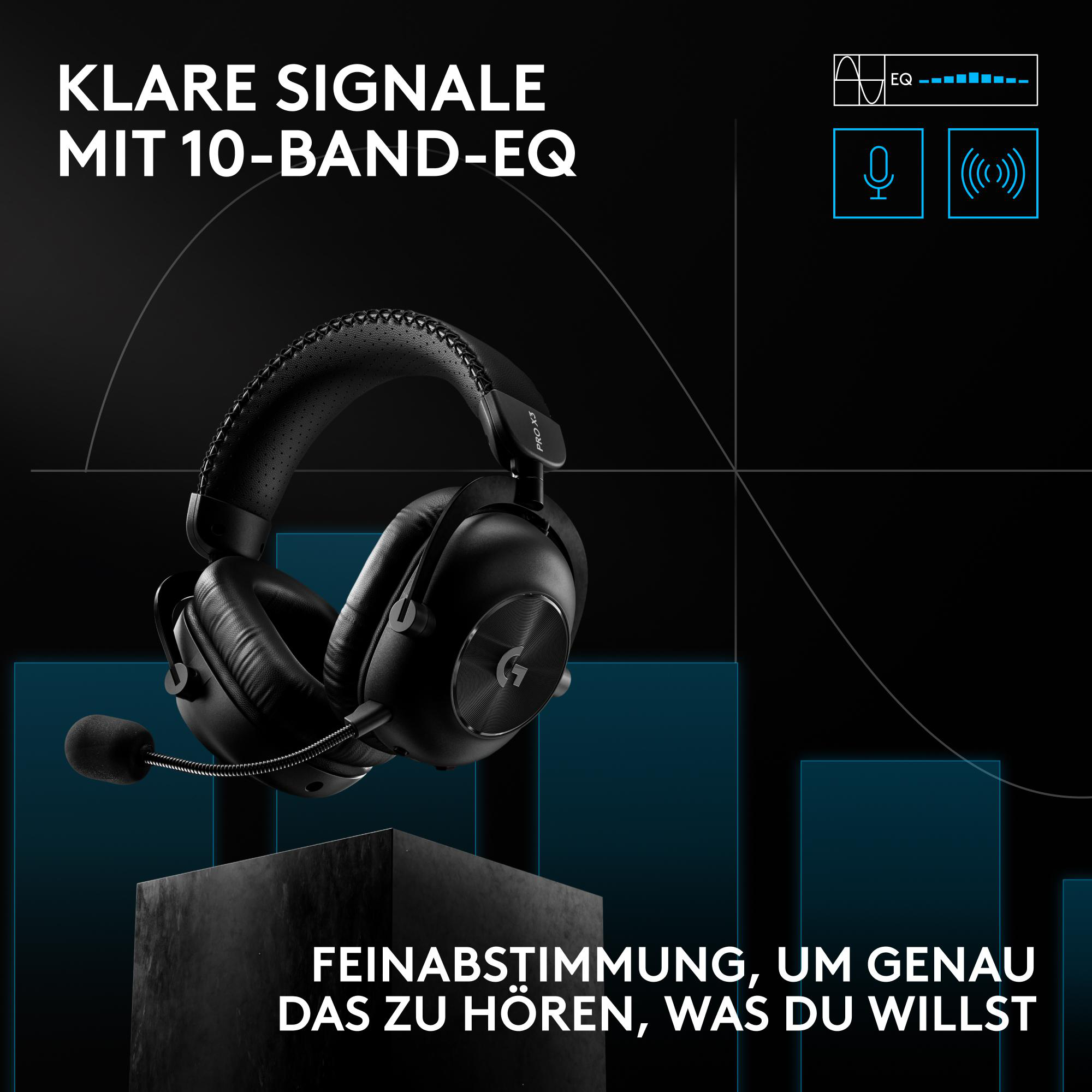 Schwarzes Gaming-Headset mit Mikrofon auf einem Podest vor blauem Grafik-Hintergrund mit deutschem Text.