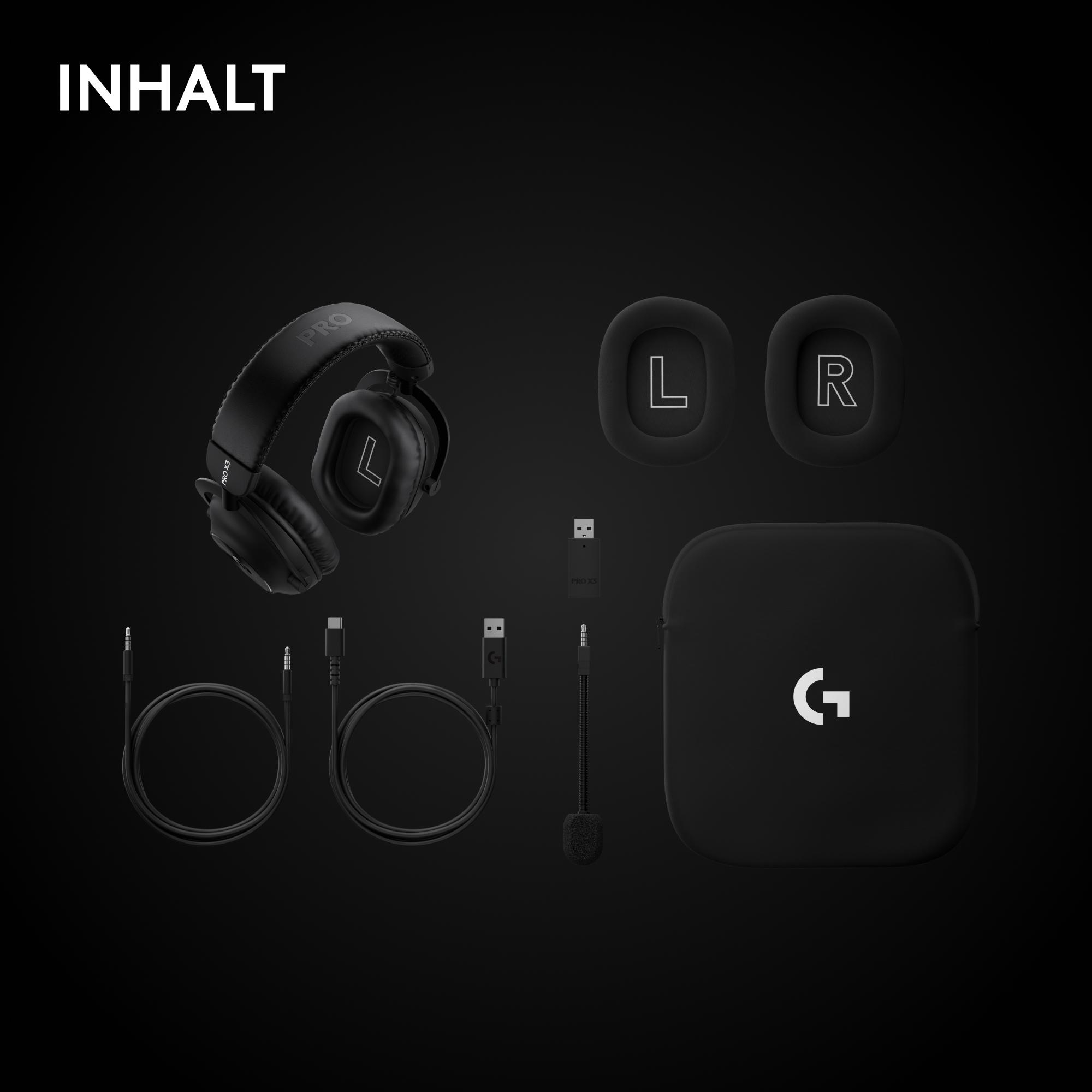 Schwarzes Logitech G Pro Headset mit Zubehör, Kabeln, Ersatz-Ohrpolstern, Mikrofon und Etui.