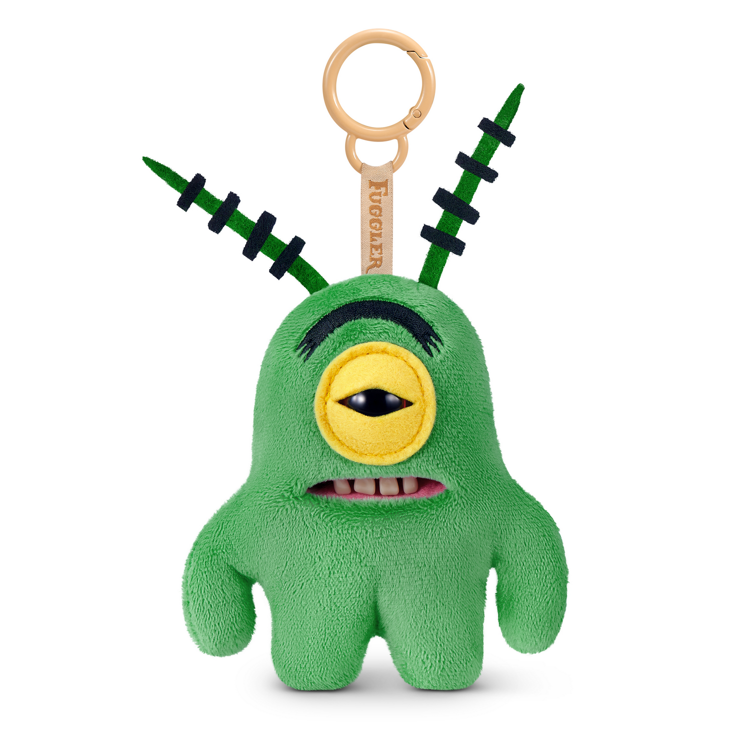 Monstruo de peluche verde con un gran ojo amarillo, dientes y dos antenas con un llavero encima.