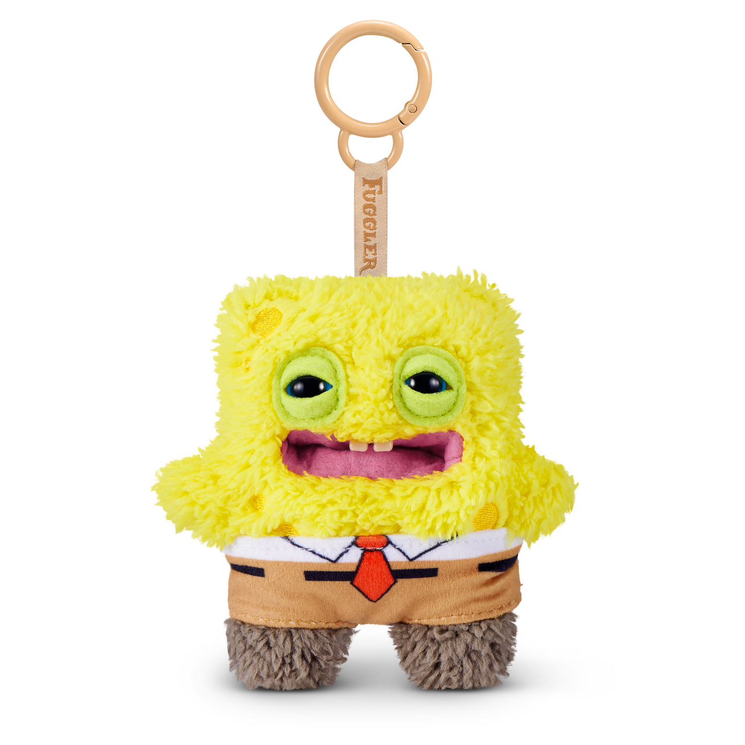 Un llavero de peluche amarillo esponjoso de Bob Esponja con grandes ojos y dientes en un anillo.