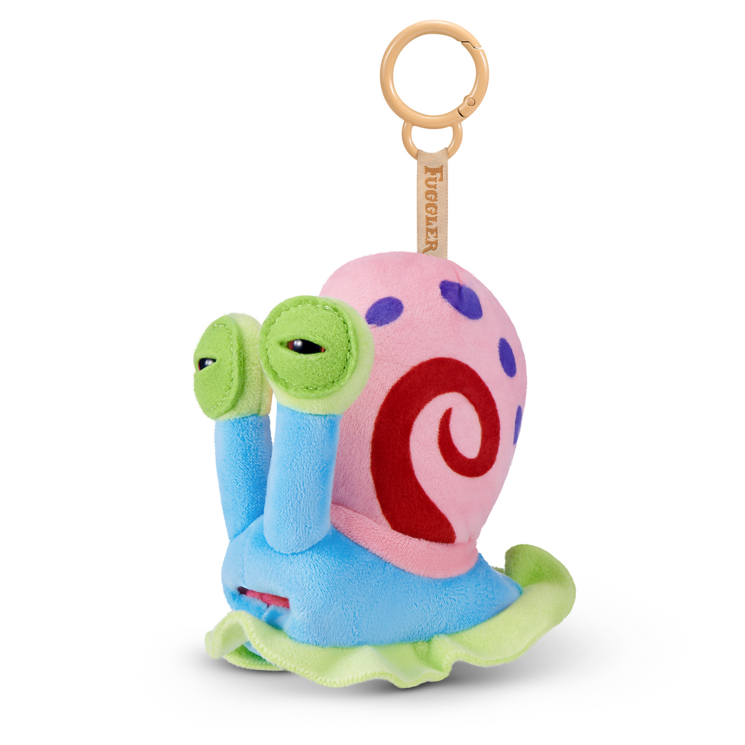 Un llavero de caracol de peluche colorido con concha rosa, cuerpo azul, ojos verdes y un anillo de plástico arriba.
