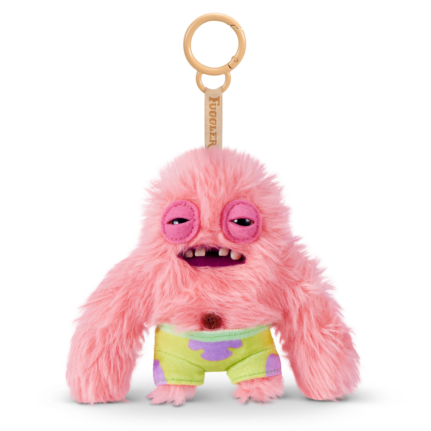 Un peluche de monstruo rosa esponjoso con grandes ojos, dientes humanos y pantalones cortos amarillos, con llavero.