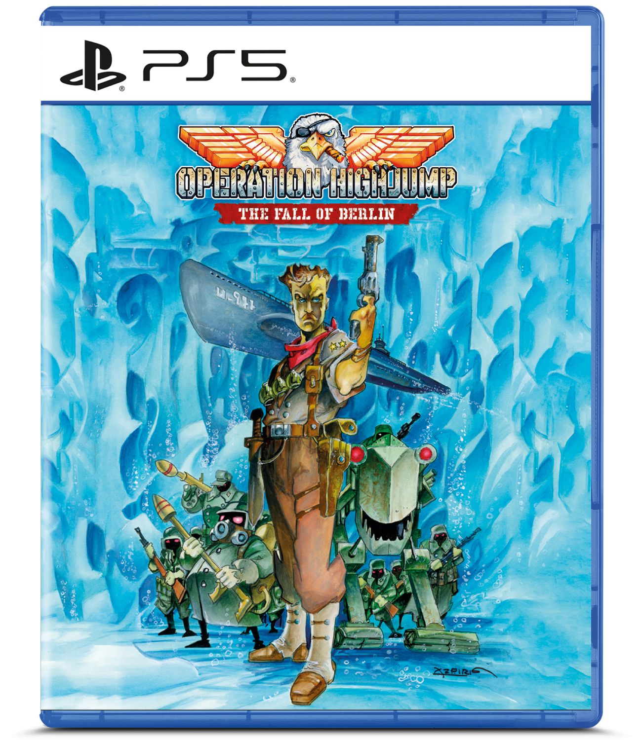 Carátula de PS5 de Operation Highjump con un soldado, un robot y un submarino sobre fondo helado.