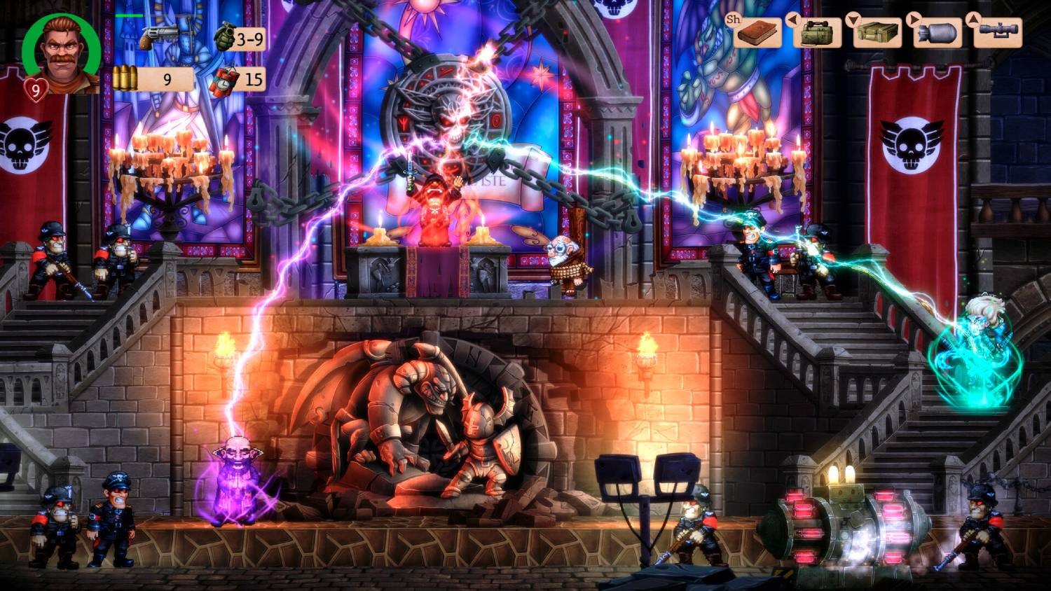 Una escena de videojuego de fantasía con personajes, rayos brillantes, vidrieras y una estatua de gárgola.