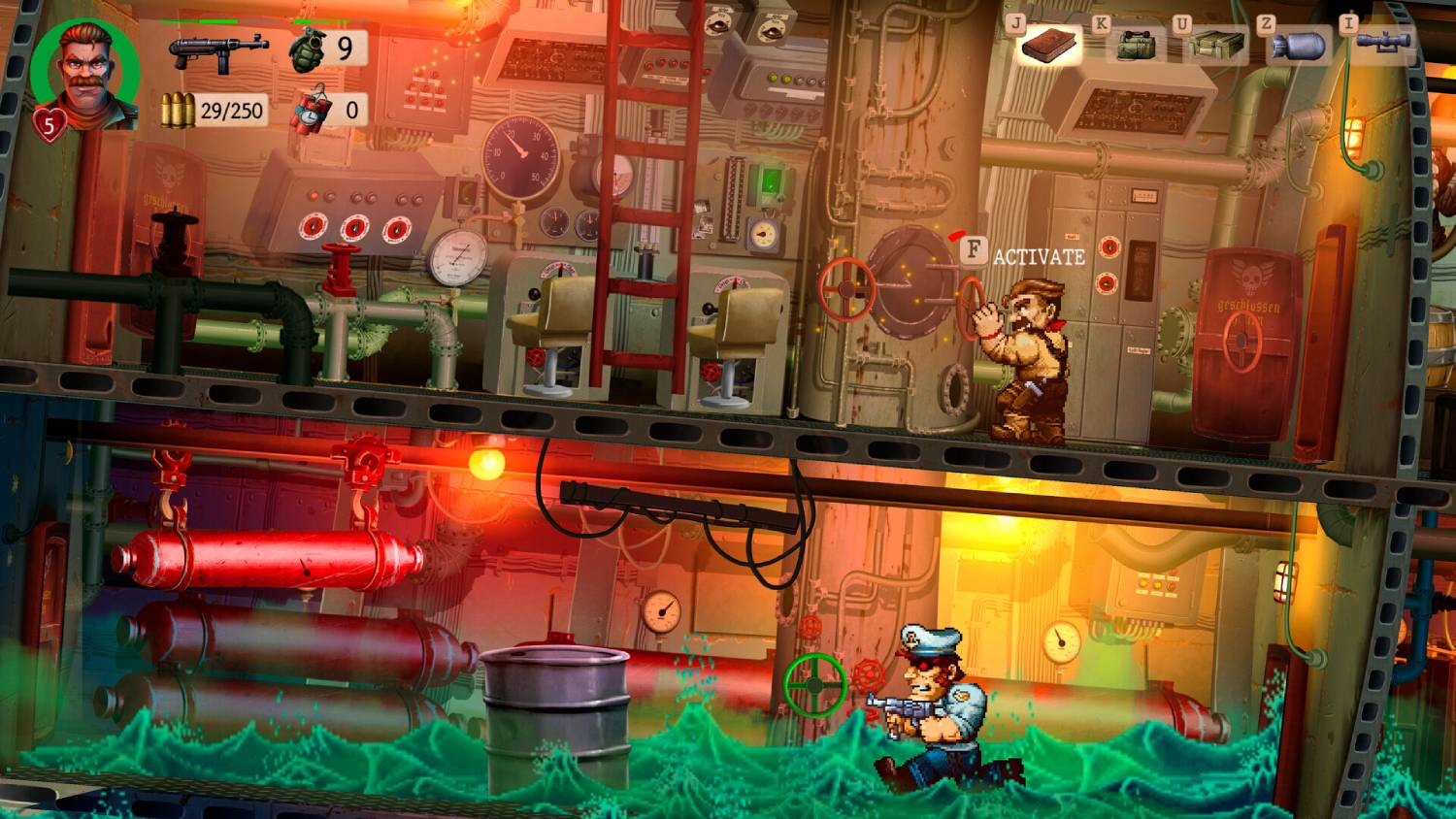 Escena de juego en un submarino con personajes, tuberías y líquido verde.