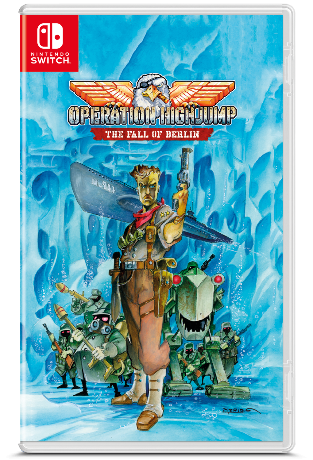 Portada de Nintendo Switch de Operation Highjump con un soldado, robot y submarino sobre fondo azul.