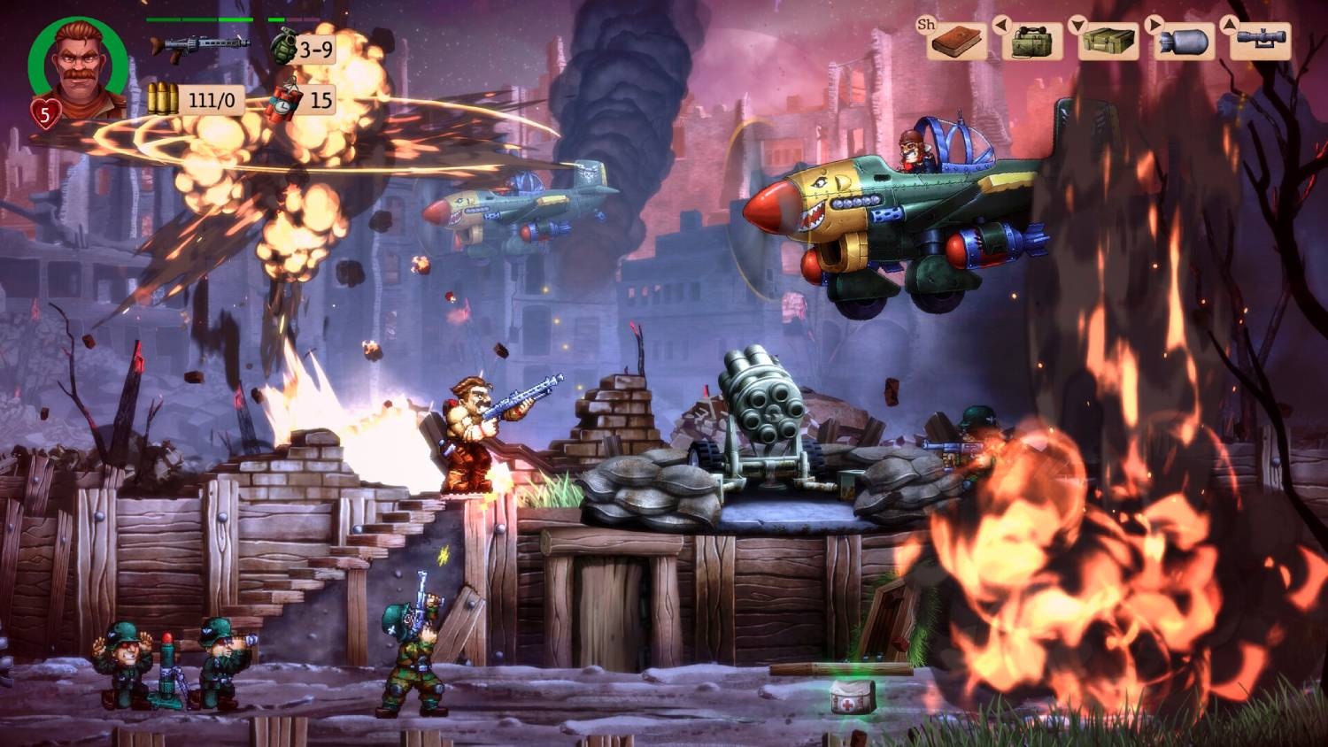 Escena de guerra de videojuegos llena de acción con explosiones, soldados y aviones volando en una ciudad en ruinas.