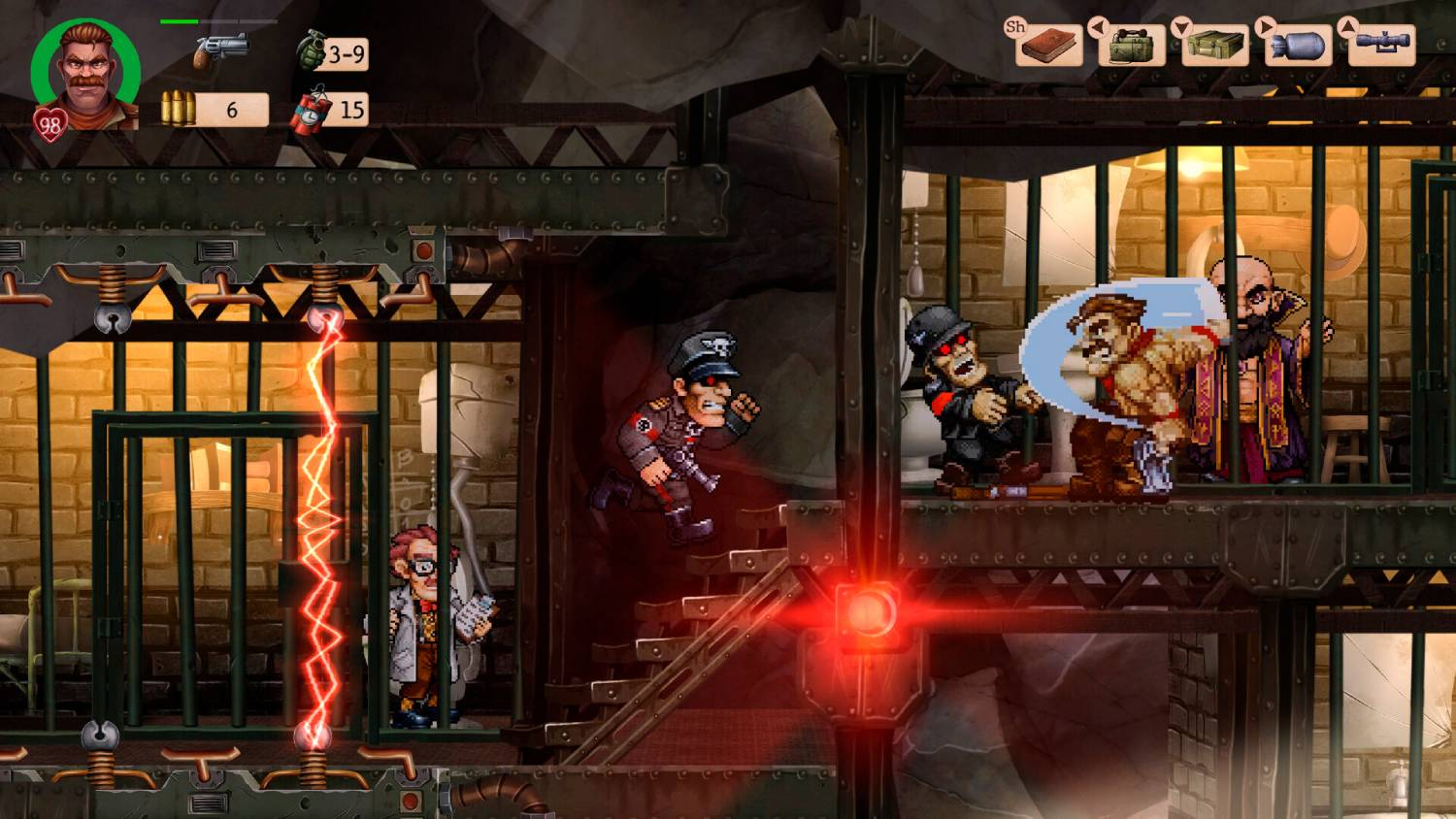 Escena de juego de acción en píxeles con personajes en una base industrial, armas y elementos de interfaz.