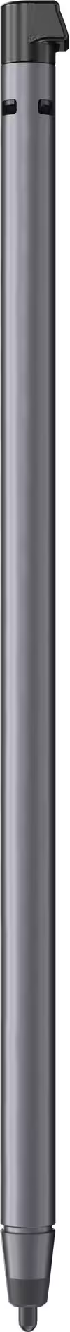 Un long stylet cylindrique gris avec un capuchon noir et une petite pointe en bas, sur fond blanc.