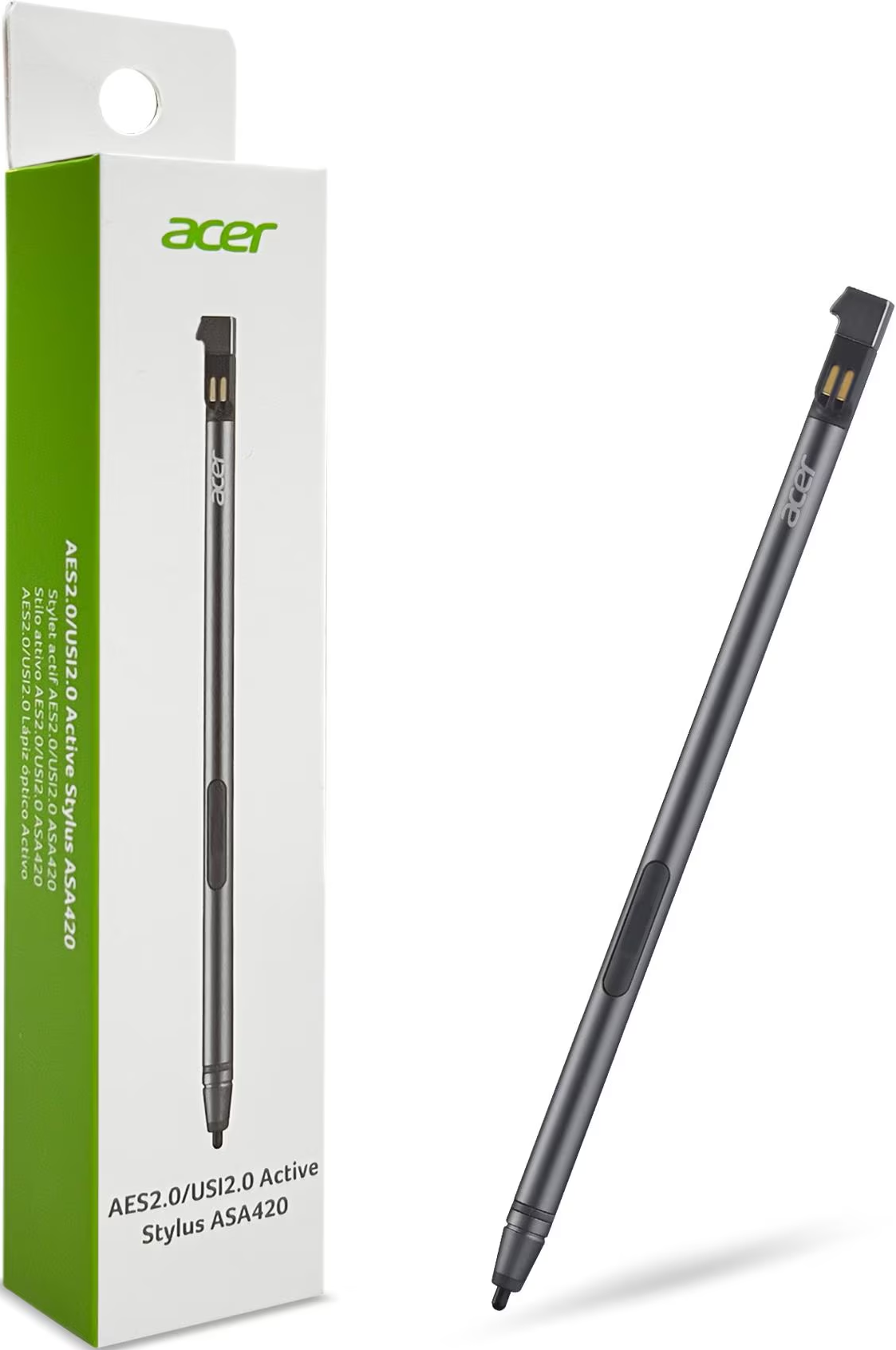 Un stylet actif Acer ASA420 gris repose à côté de son emballage blanc et vert.
