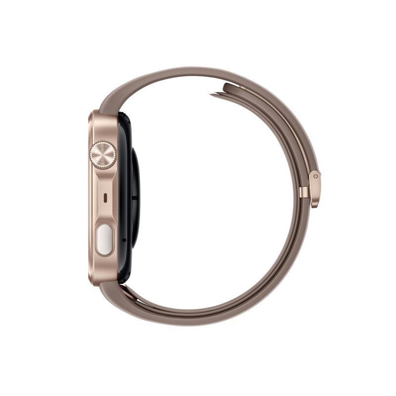 Eine roségoldene Smartwatch mit einem braunen Silikonarmband auf weißem Hintergrund.