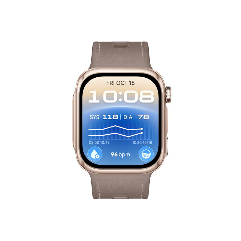 Roségoldene Smartwatch mit beige Lederarmband, zeigt Uhrzeit 10:08, Blutdruck und Herzfrequenz.