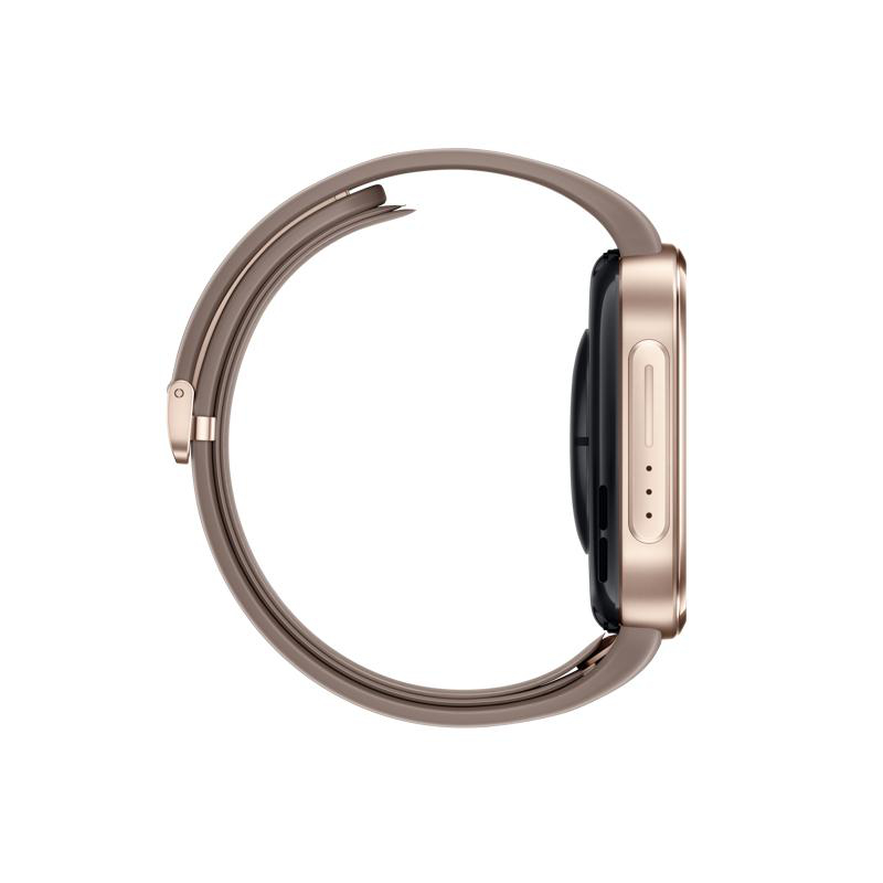 Eine roségoldene Smartwatch mit braunem Band in Seitenansicht vor weißem Hintergrund.