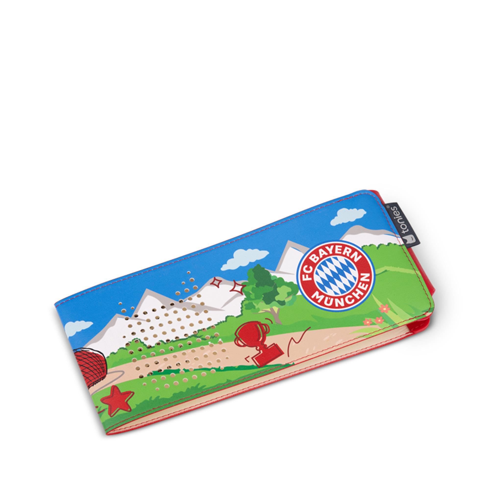 Blaue und rote Tasche mit FC Bayern München Logo, Bergen, Wiese und Trophäen-Illustration.