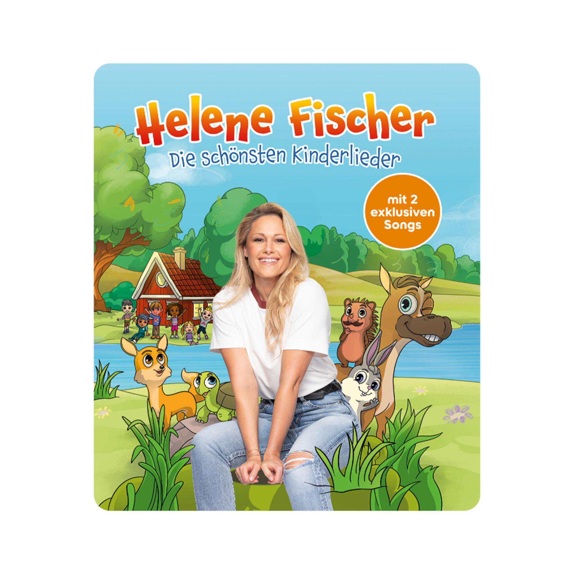 Helene Fischer sitzt vor einer illustrierten Landschaft mit Cartoon-Tieren und Kindern.