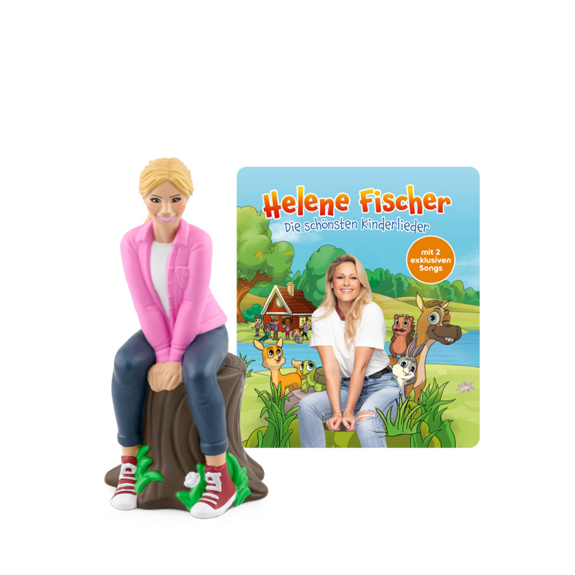 Eine Helene-Fischer-Figur sitzt auf einem Baumstumpf neben dem passenden CD-Cover.