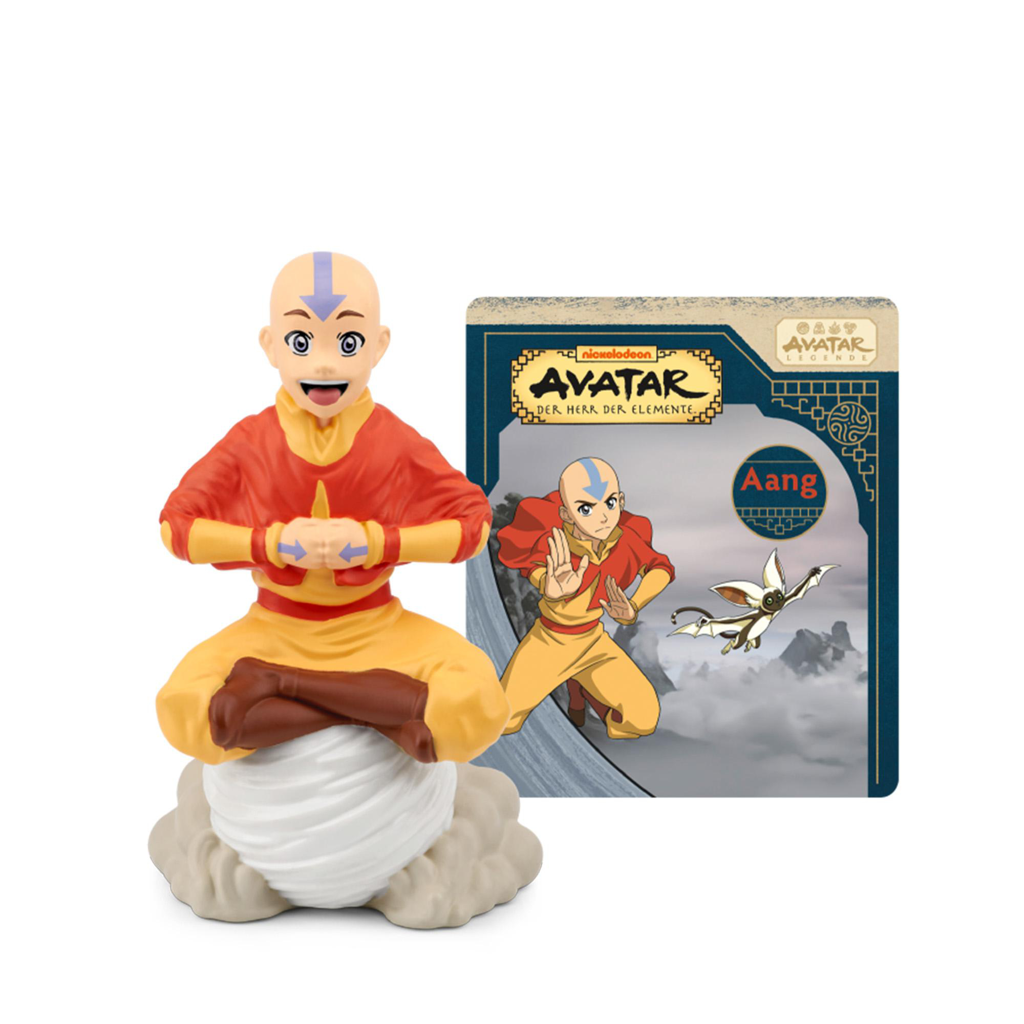 Aang-Sammelfigur meditiert auf einer Wolke, begleitet von einer Charakterkarte.
