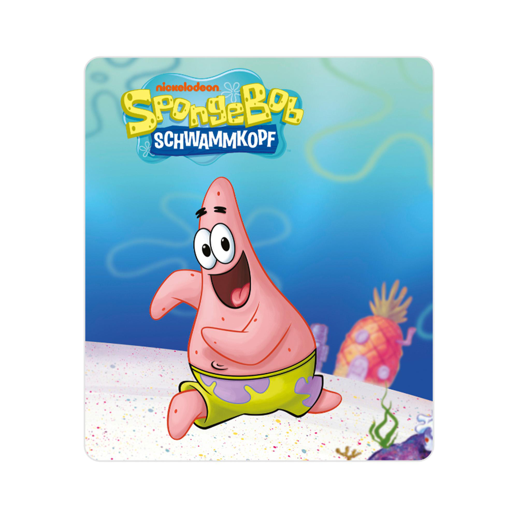 Patrick Star läuft fröhlich über sandigen Meeresboden unter dem SpongeBob-Logo.