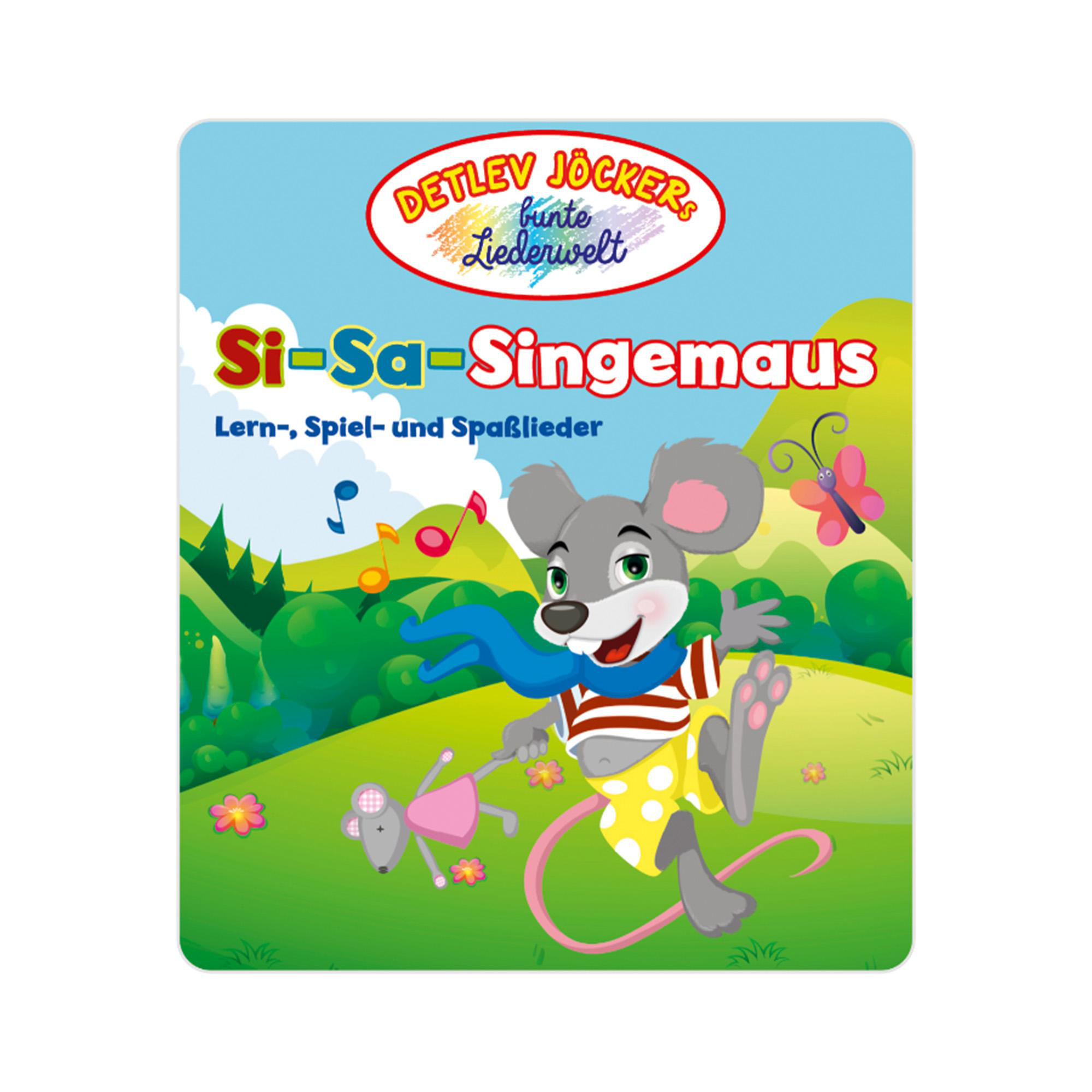 Kinder-Liederbuchcover mit fröhlicher grauer Maus, blauem Schal, gelben Punkten, Schmetterling und grüner Hügellandschaft.