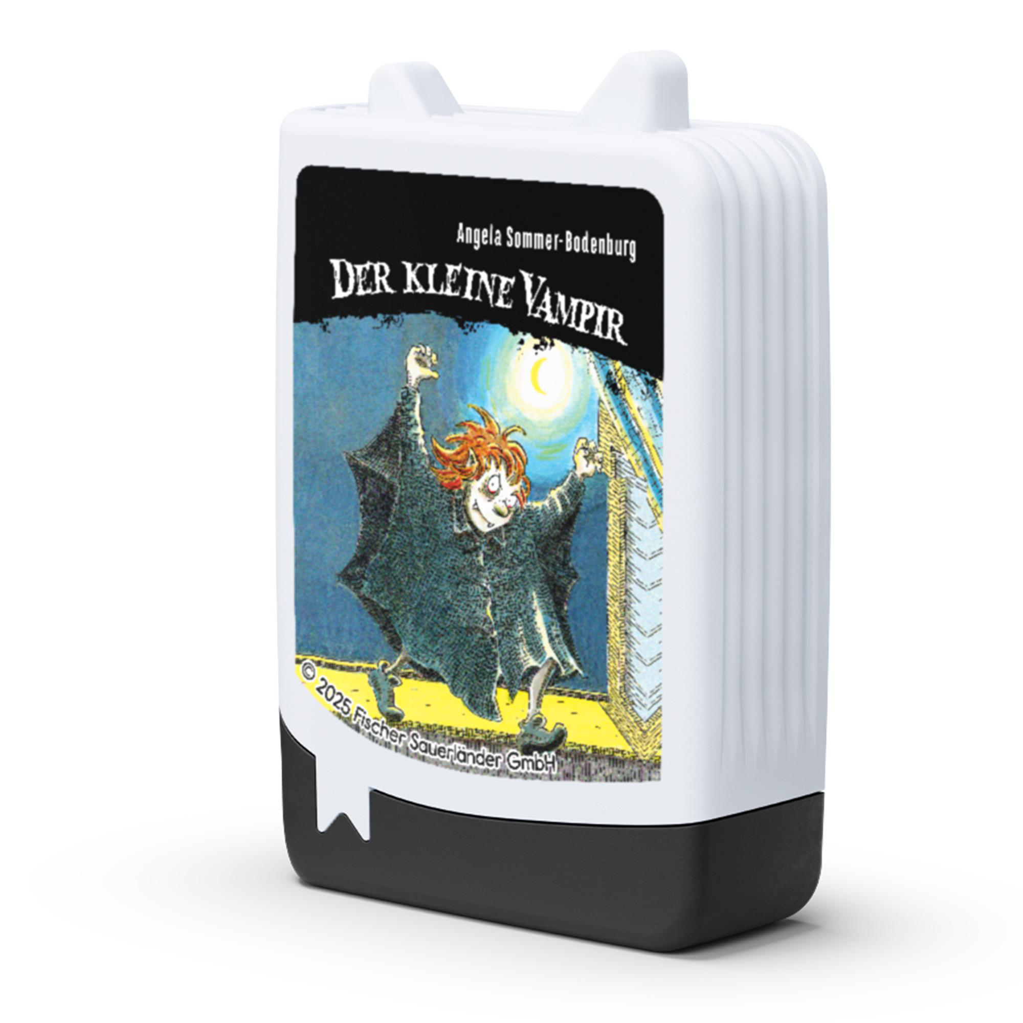 Weiße Audiobox mit der Illustration eines kleinen Vampirs vor blauem Nachthintergrund.