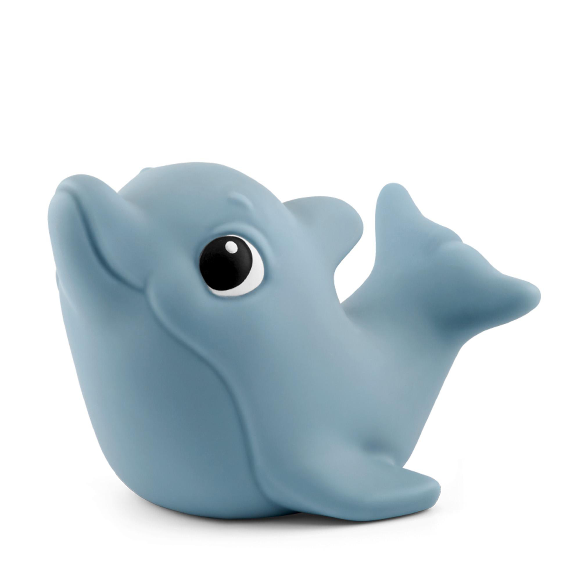 Ein blauer Quietsche-Delfin als Kinderspielzeug auf weißem Hintergrund.