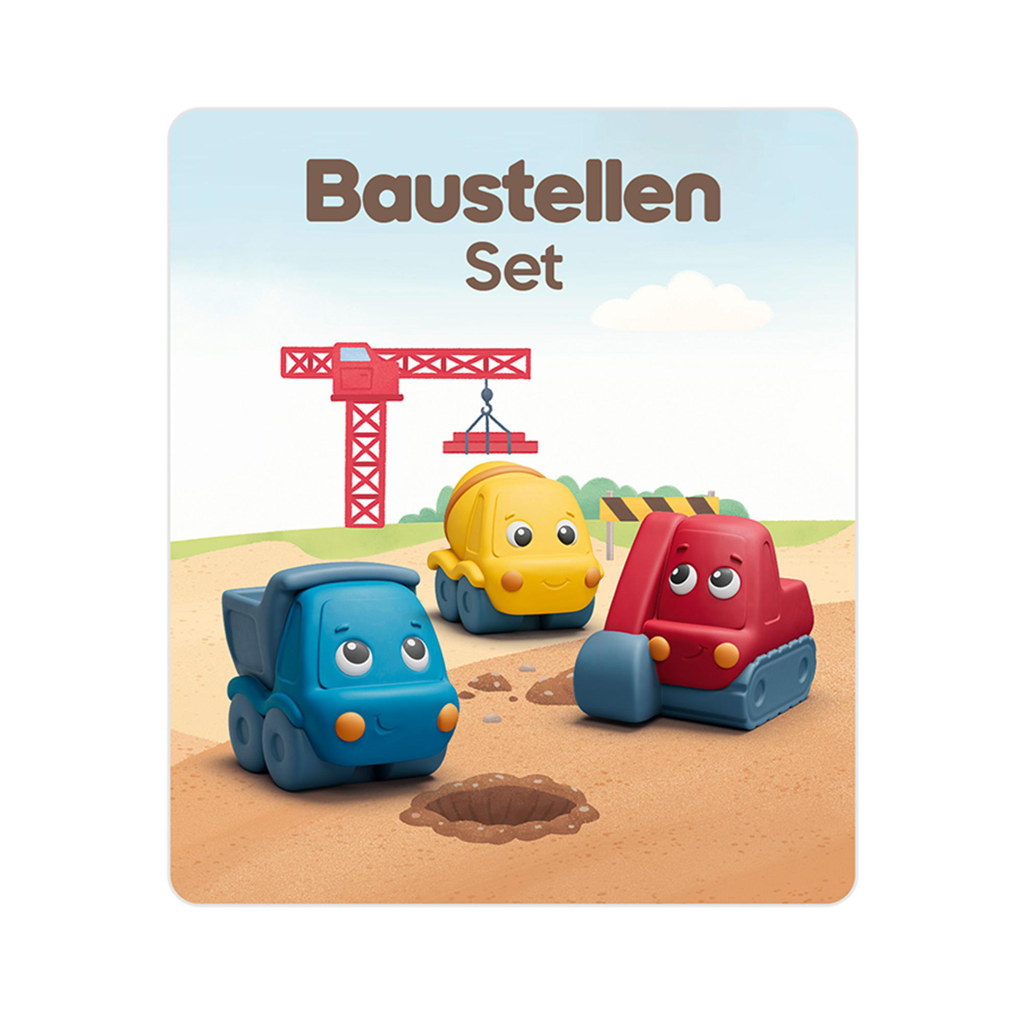 Ein Baustellenset-Spielzeug mit blauem Kipper, gelbem Mischer und rotem Bagger auf Baustelle mit Kran.