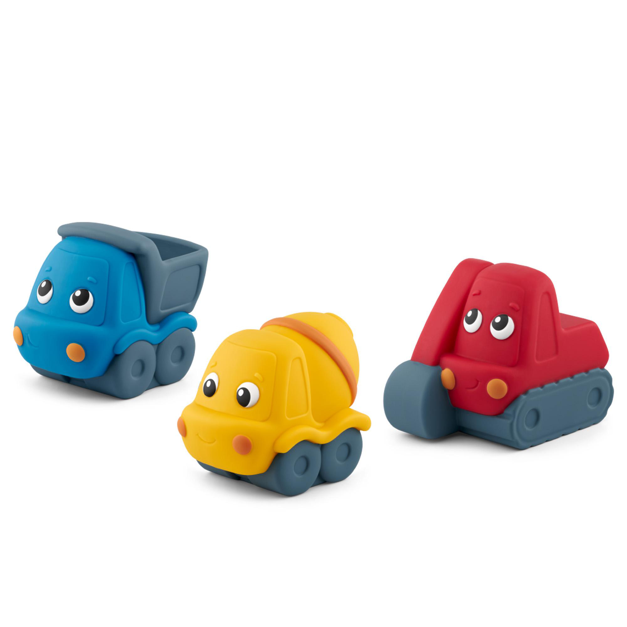 Drei bunte Spielzeugfahrzeuge mit Augen auf weißem Hintergrund: ein blauer Kipplaster, ein gelber Betonmischer und ein roter Bagger.