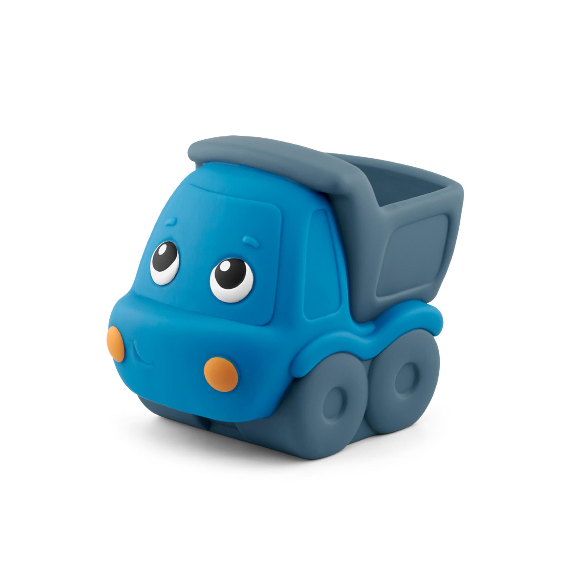 Ein blauer Spielzeug-Kipper mit großen Augen, grauen Rädern und einer grauen Ladefläche auf weißem Hintergrund.