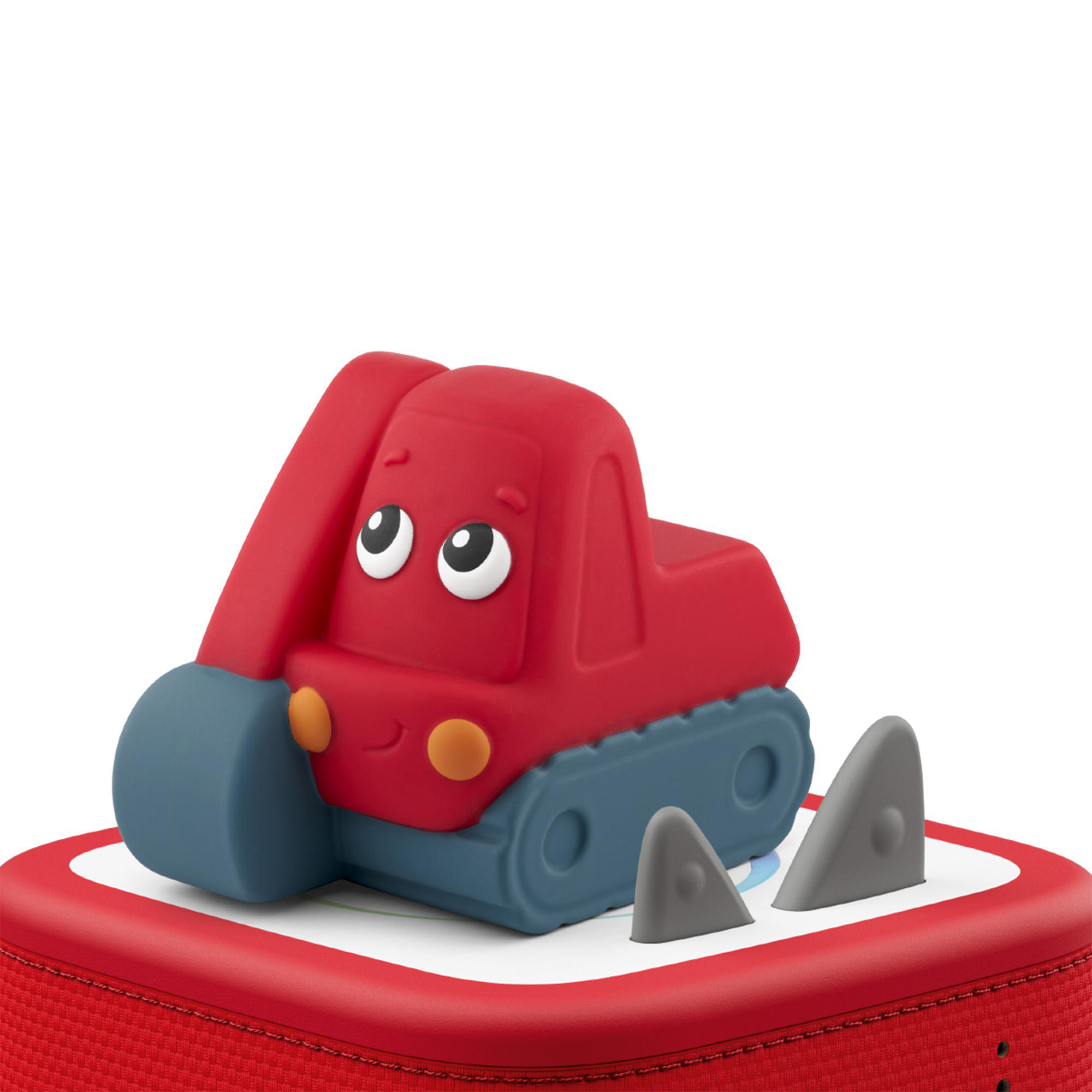 Ein roter Spielzeug-Bagger mit grauen Raupenbändern auf einer roten Box mit zwei grauen Dreiecken.