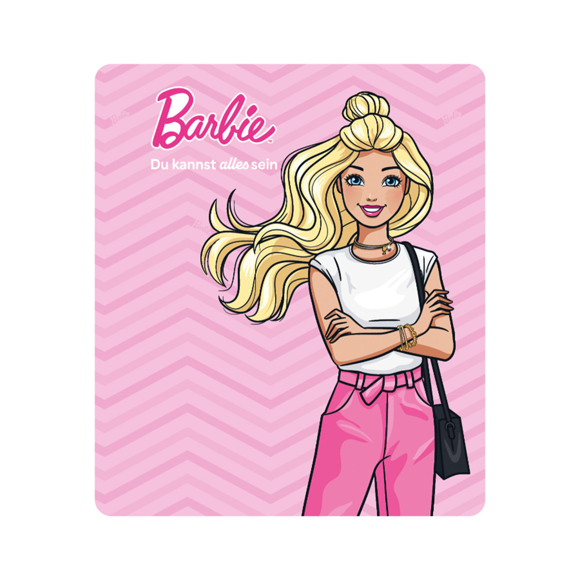 Illustration von Barbie mit blonden Haaren, weißem T-Shirt, rosa Hose und schwarzer Tasche vor rosa Hintergrund.
