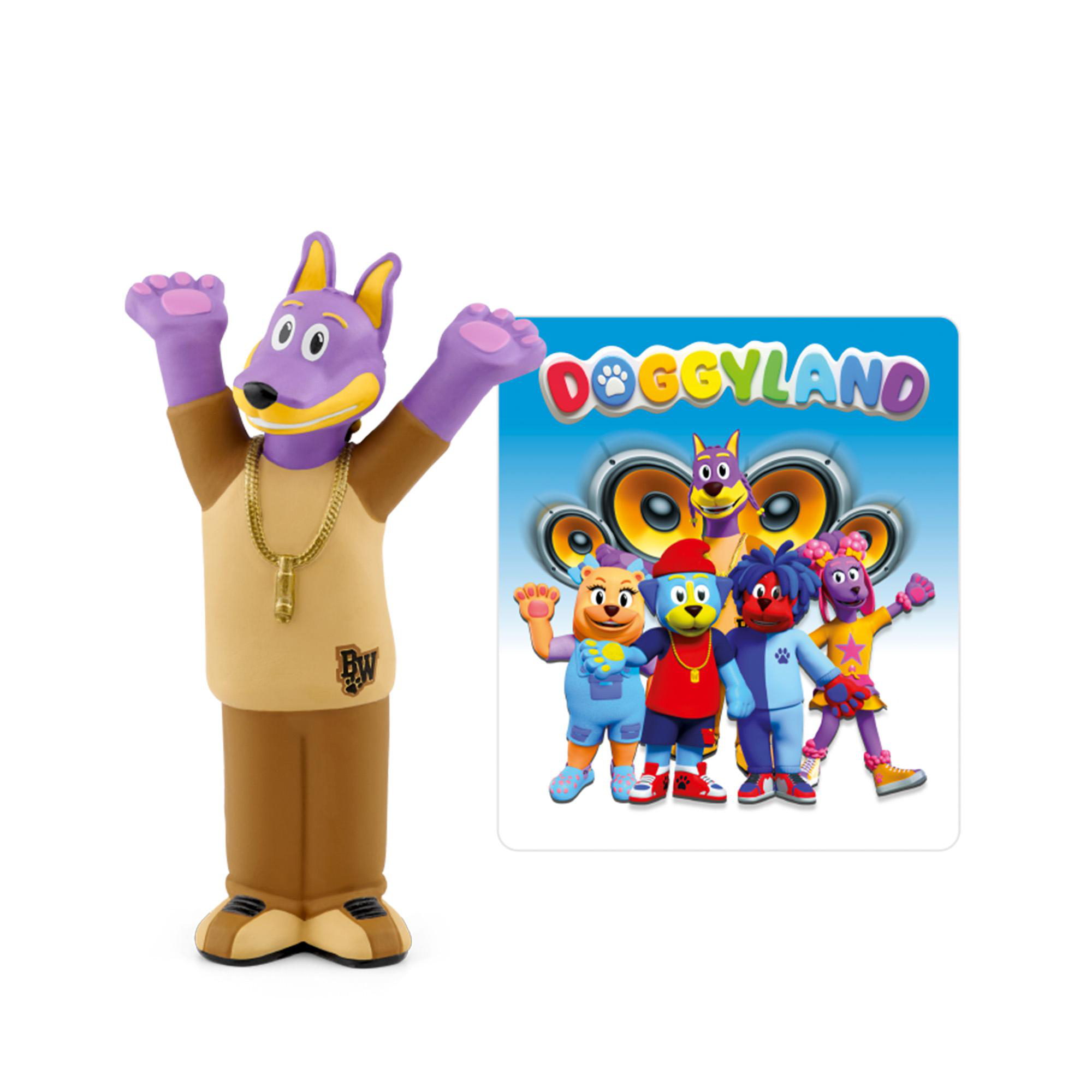 Eine violette Hundefigur mit goldener Kette neben einem Plakat der Kinderserie Doggyland mit bunten Hundefiguren.