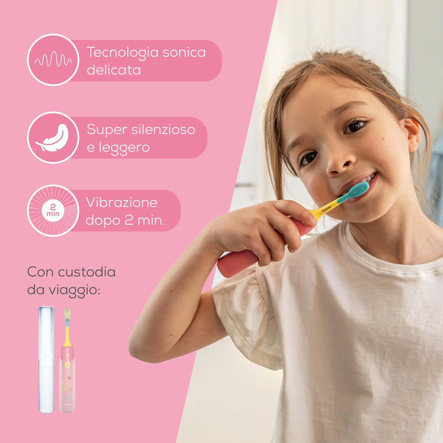 Una giovane ragazza sorride mentre si lava i denti con uno spazzolino elettrico colorato.