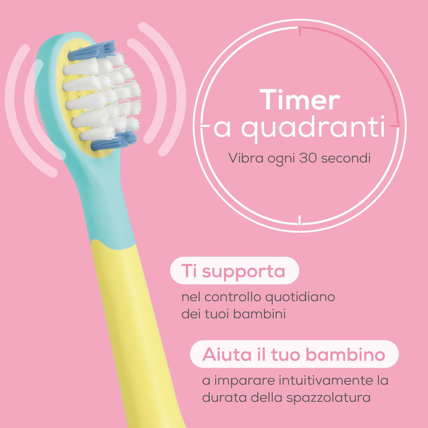 Spazzolino per bambini turchese e giallo su sfondo rosa con testo in italiano.