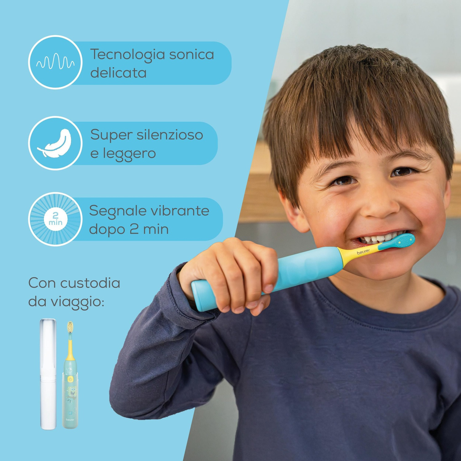Un bambino sorride mentre si lava i denti con uno spazzolino azzurro, accanto a icone con caratteristiche.