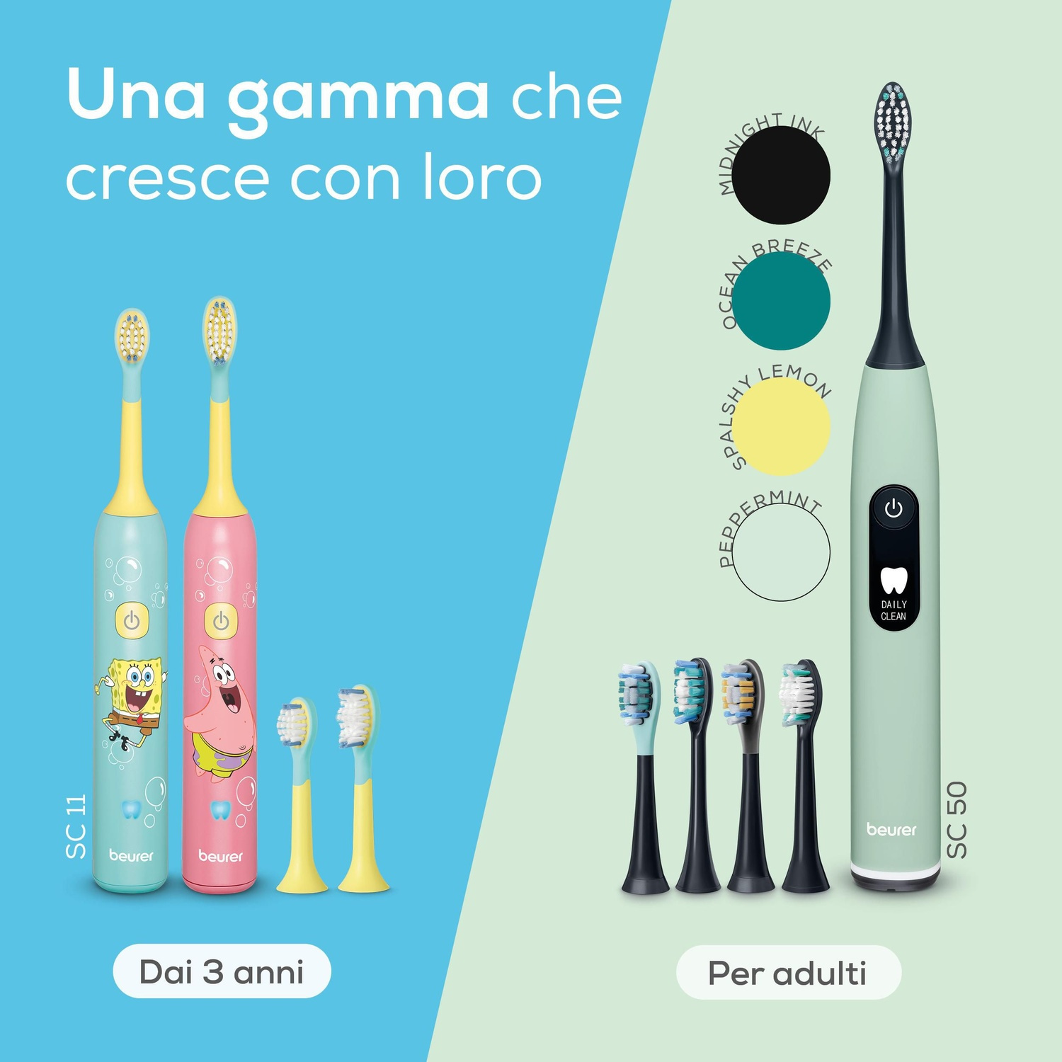 Spazzolini elettrici Beurer per bambini e adulti in vari colori e fantasie.