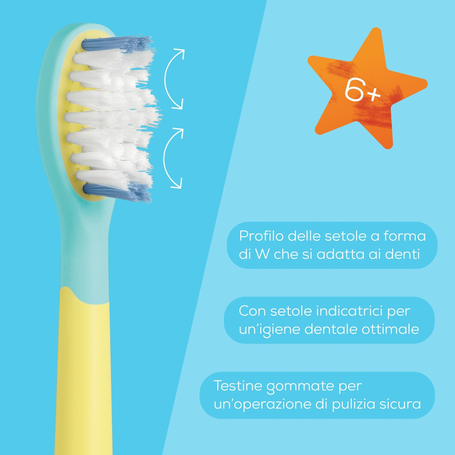 Spazzolino per bambini blu e giallo con setole a profilo W su sfondo blu con stella arancione.