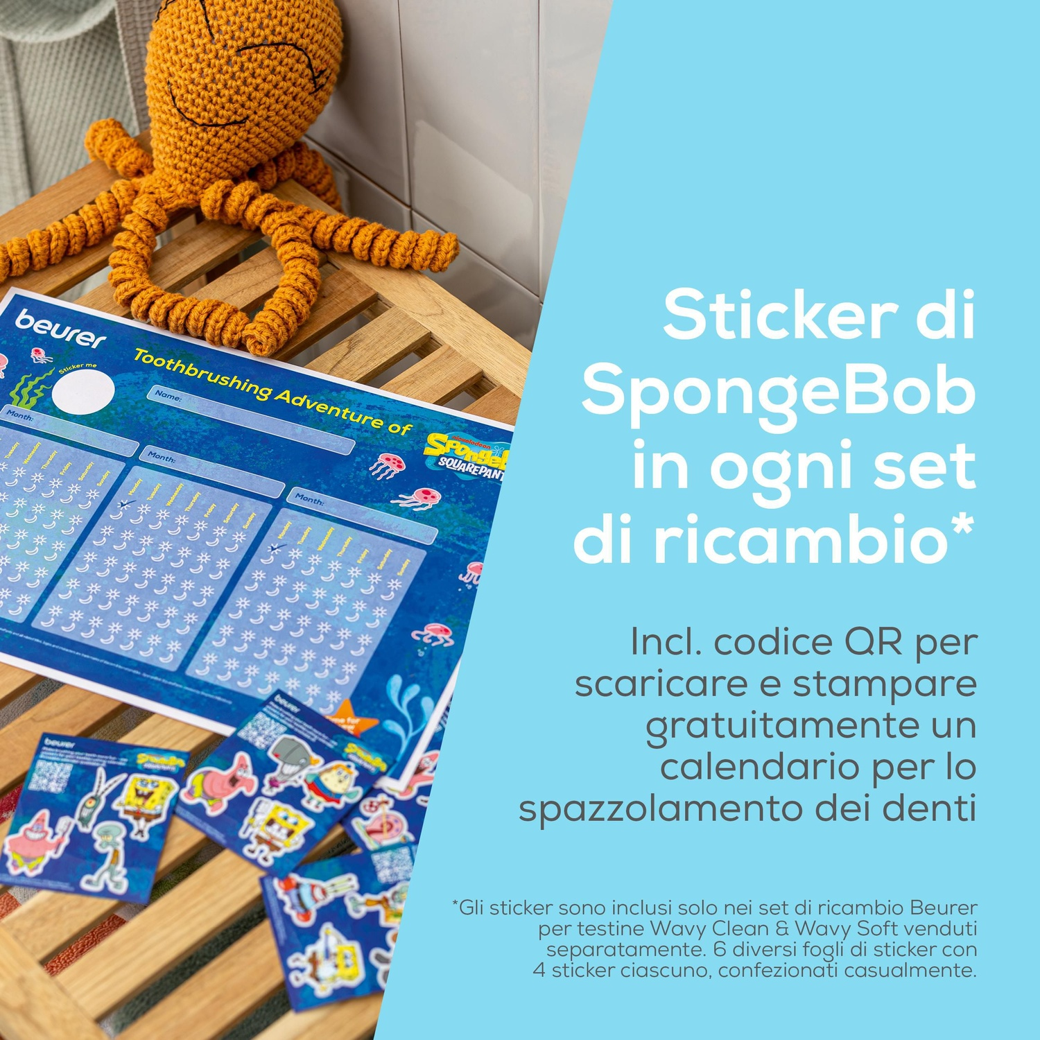 Sticker di Spongebob su un tavolo di legno con un polpo all'uncinetto e un calendario per lo spazzolamento.