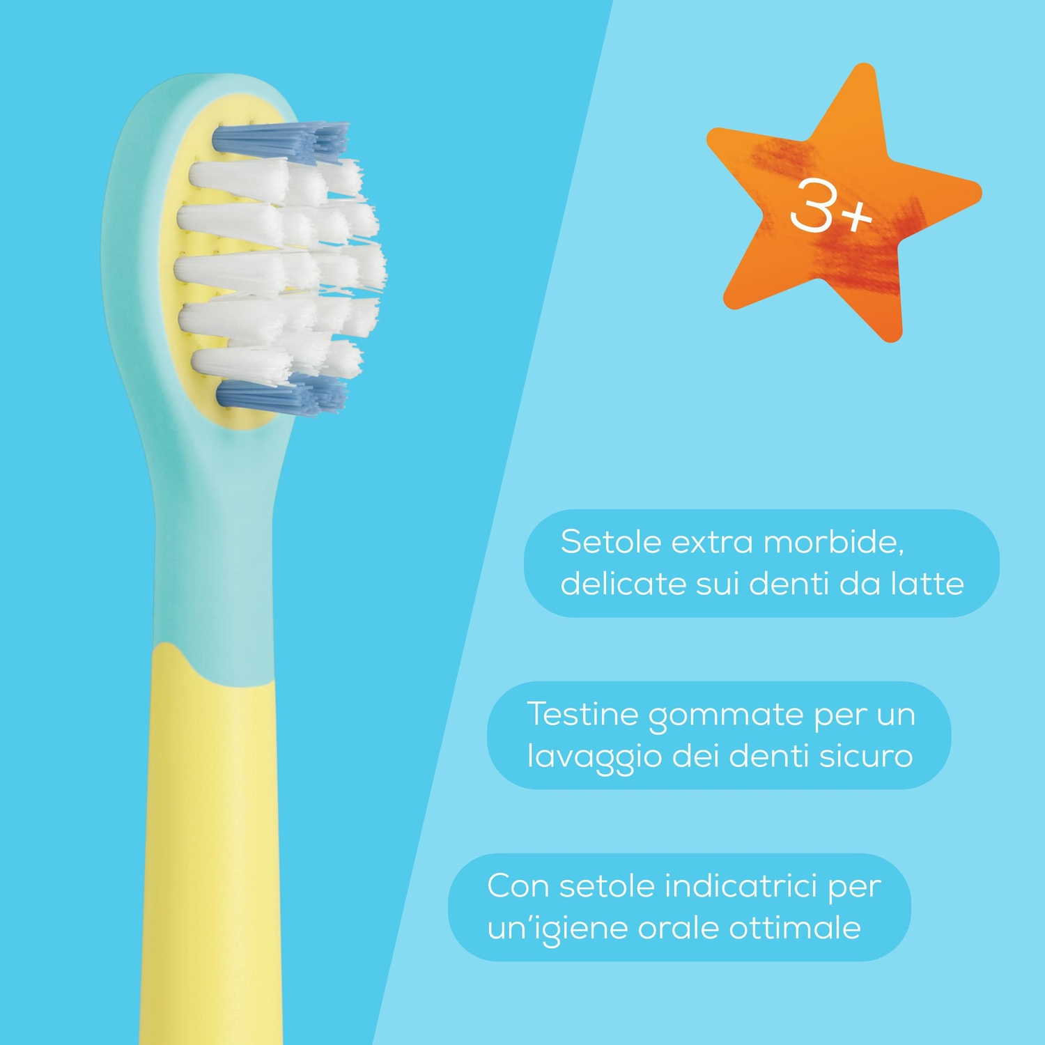 Uno spazzolino da denti per bambini blu e giallo con setole morbide e testi su sfondo blu.