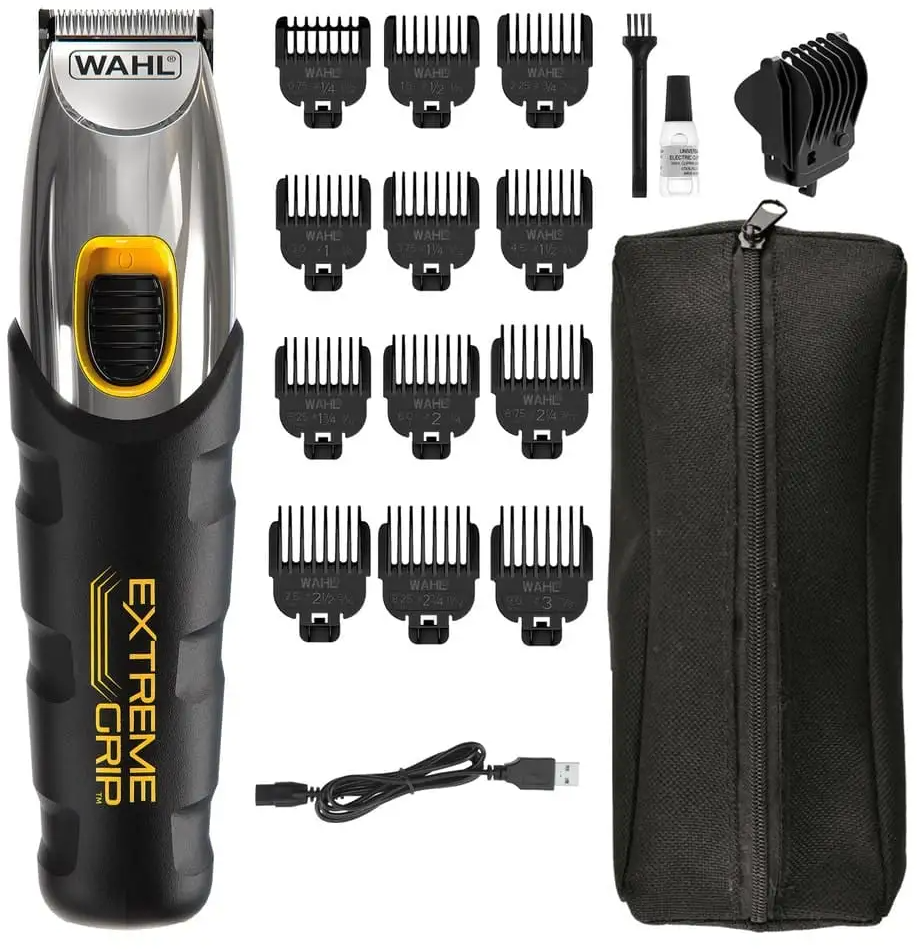 Wahl Haarschneider mit Zubehör, Aufsätzen, Öl, Pinsel, Ladekabel und Tasche.