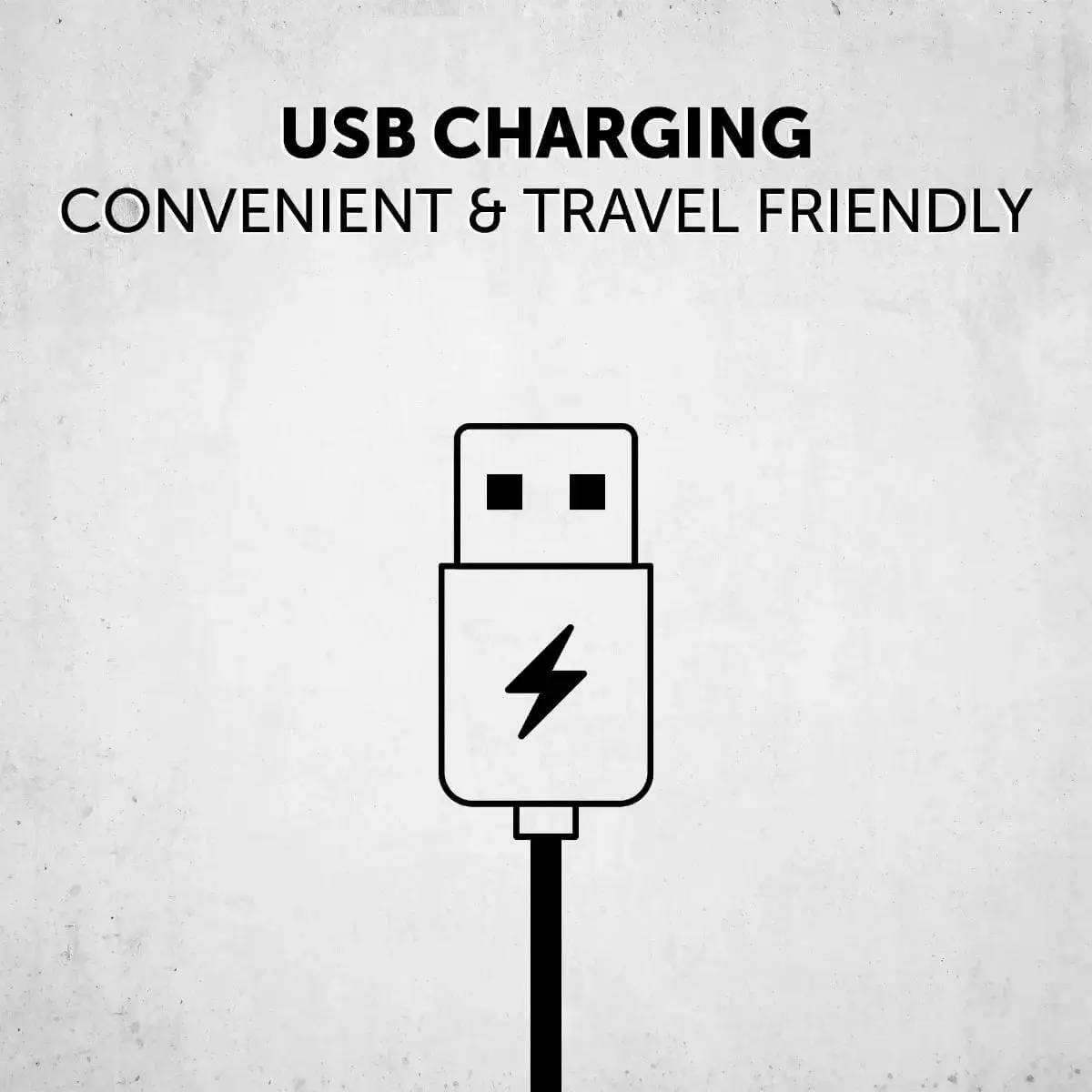USB-Ladesymbol mit der Aufschrift USB CHARGING CONVENIENT & TRAVEL FRIENDLY.