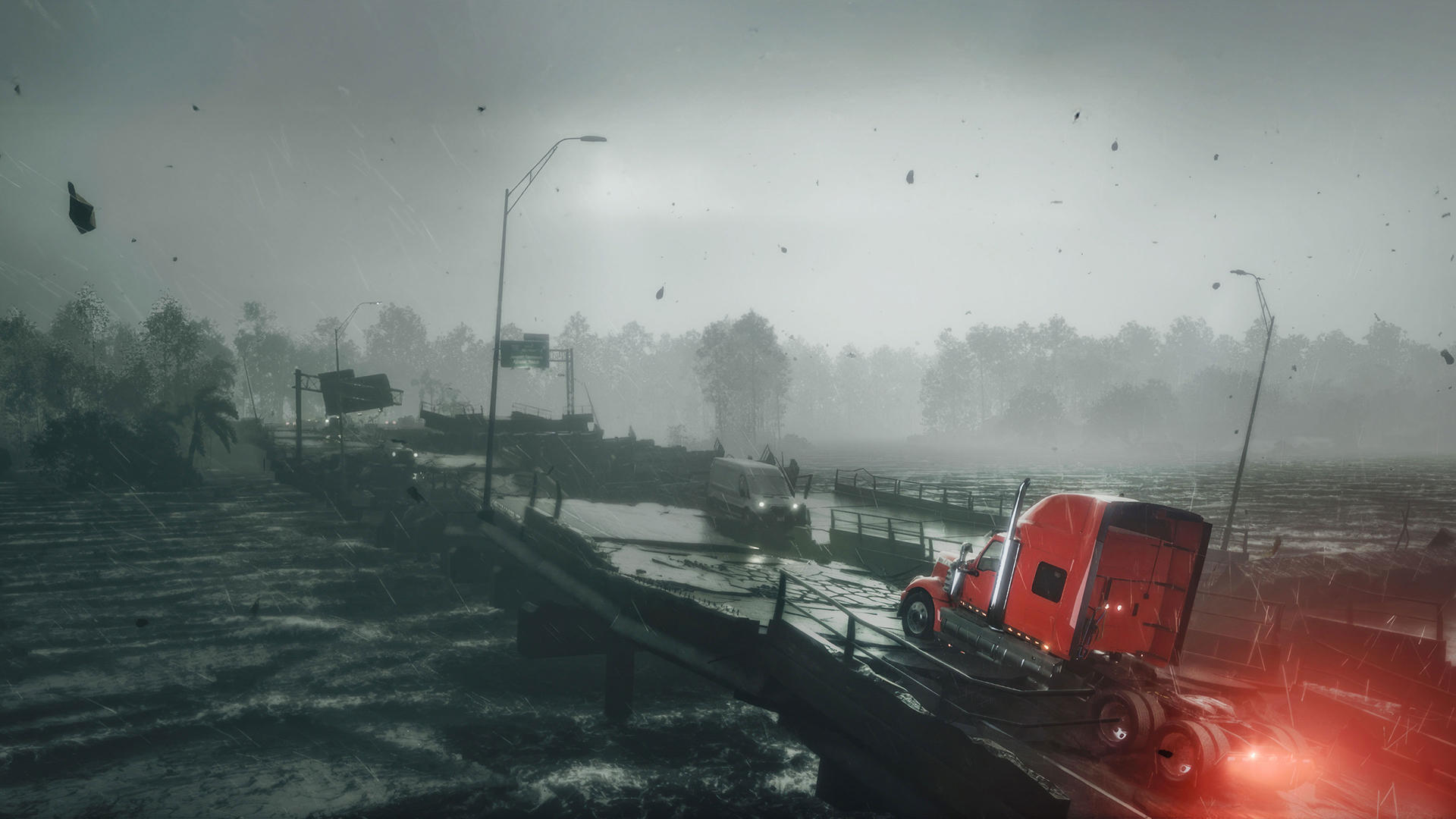 Roter Lkw fährt im Sturm über eine zerstörte, dunkle Brücke.