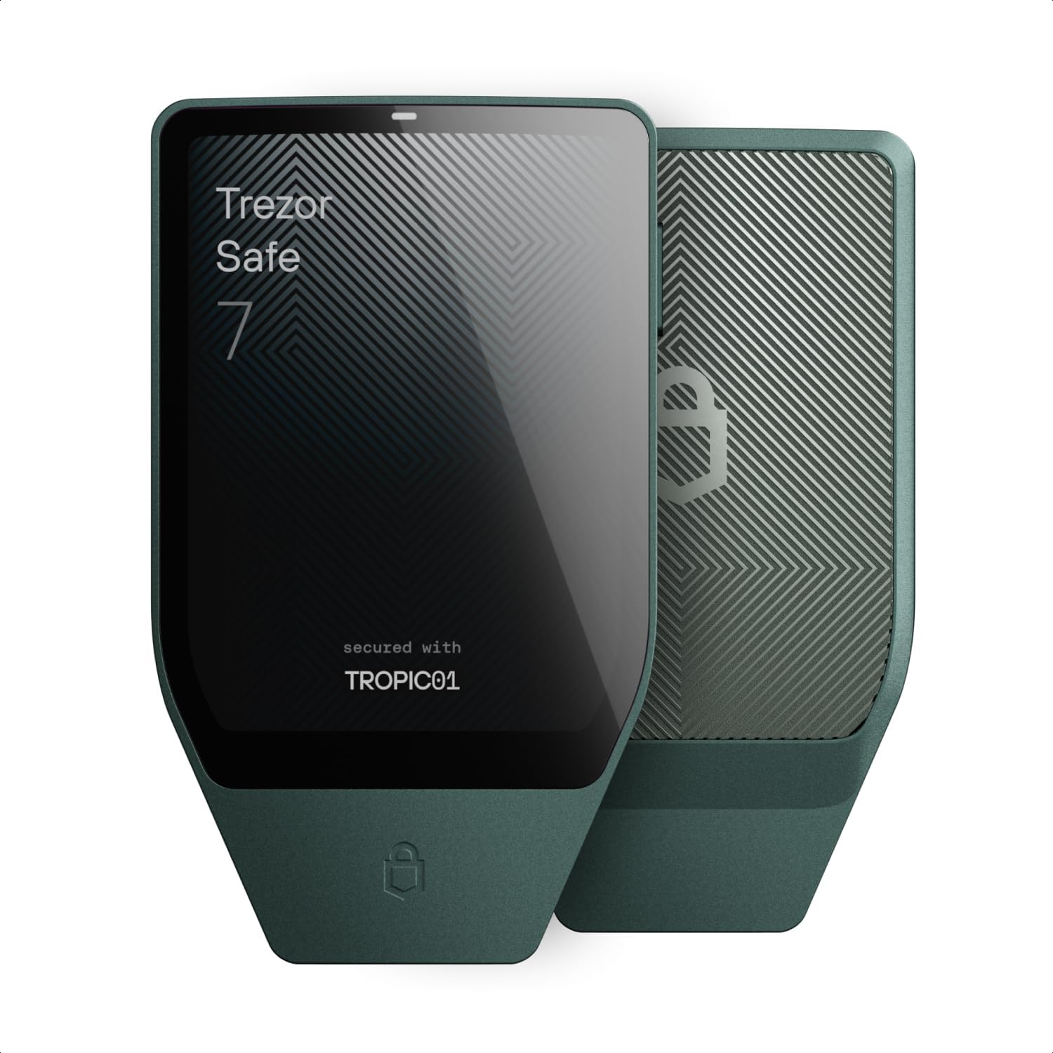 Vorder- und Rückseite eines grünen Trezor Safe 7 Hardware-Krypto-Wallets mit gemustertem Bildschirm und strukturierter Rückseite.