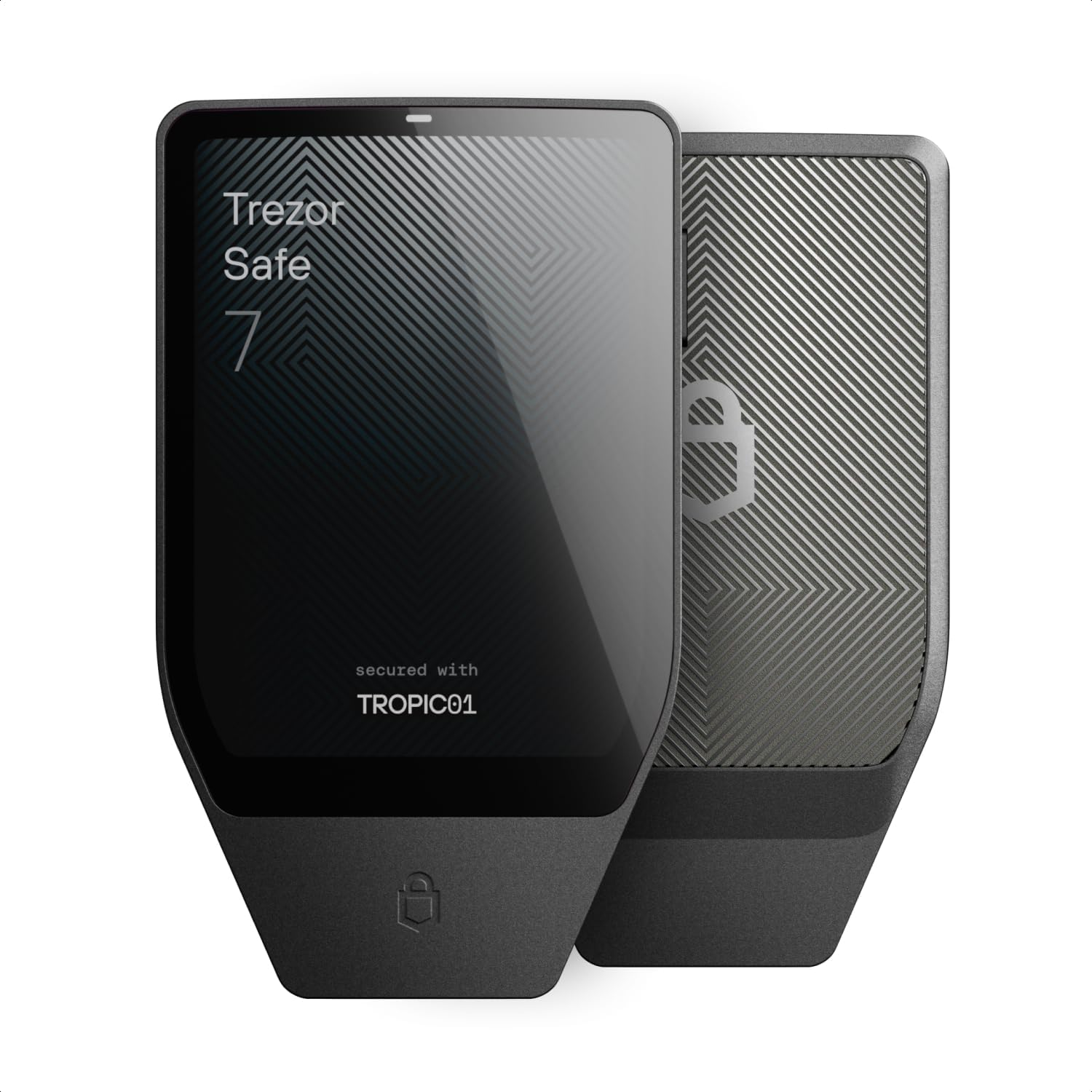 Zwei dunkle Trezor Safe 7 Hardware-Krypto-Wallets mit strukturierten Mustern und Branding.