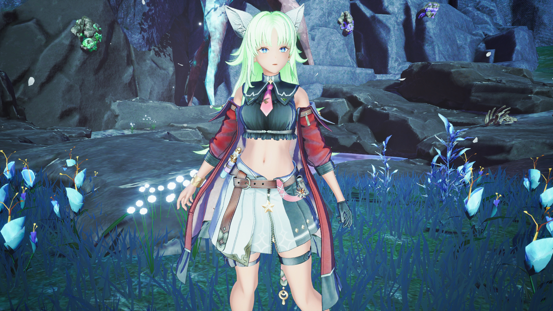 Personaje de anime con cabello verde y orejas de gato en un paisaje rocoso de fantasía.