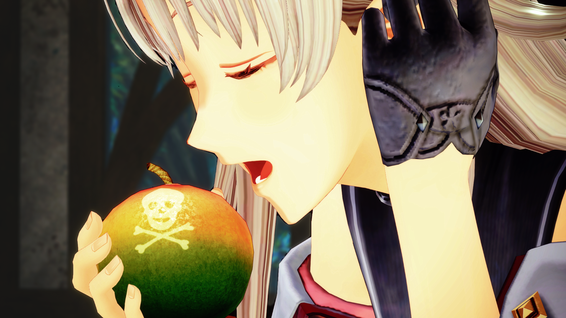 Una chica de anime con cabello blanco sostiene una manzana roja y verde con un símbolo de calavera.