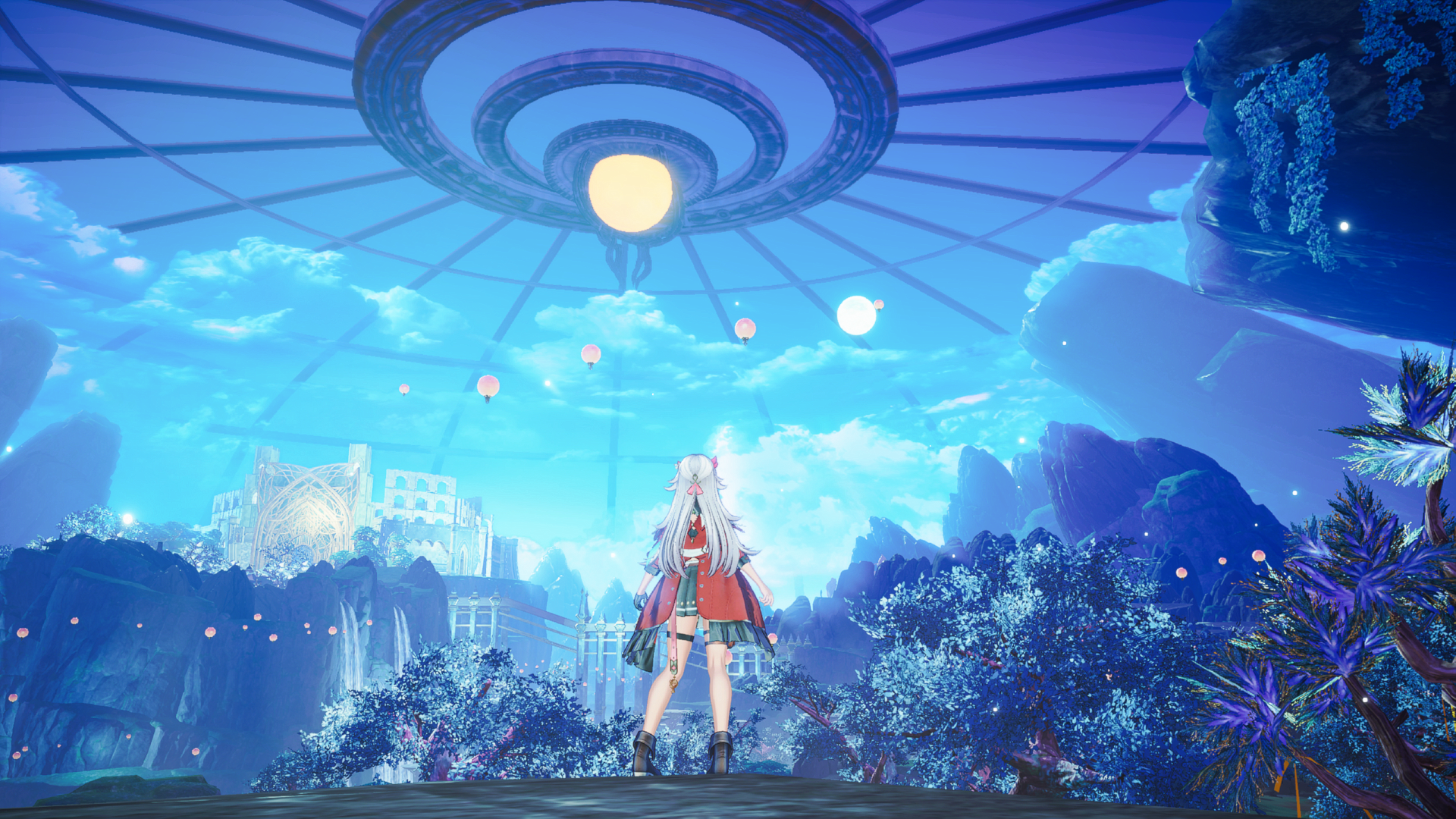 Un personaje de anime de cabello blanco mira hacia arriba a una gran estructura en un paisaje de fantasía.